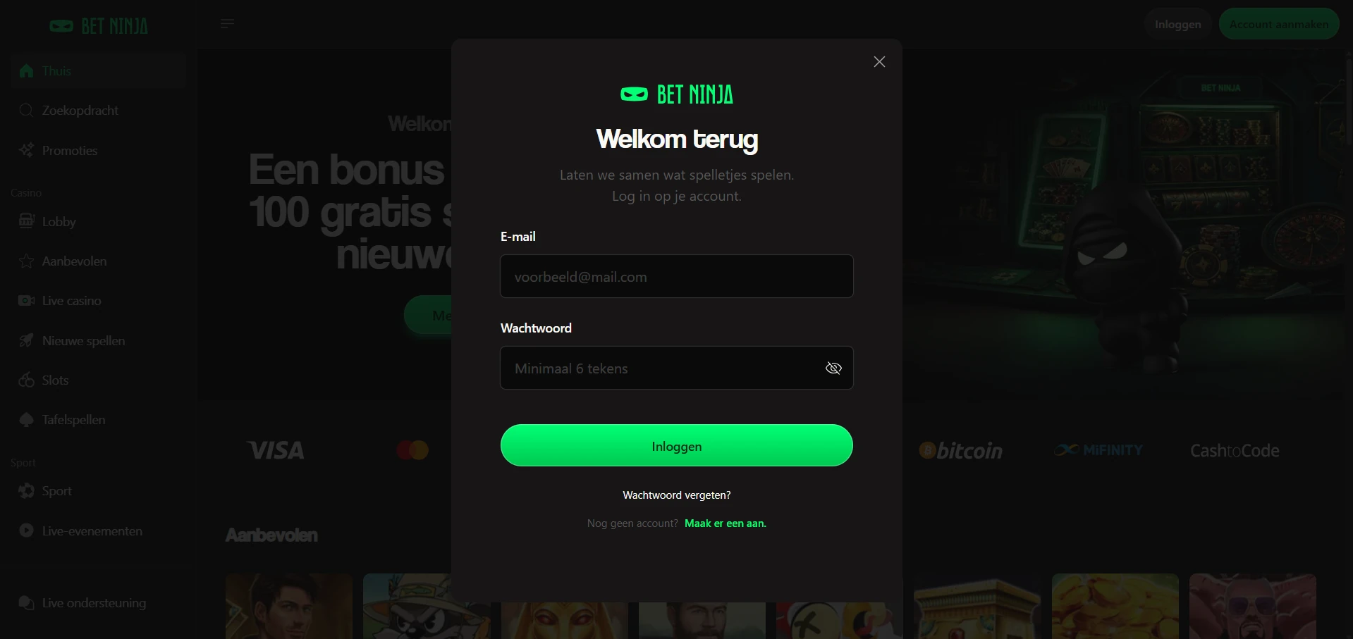 Inlogvenster van Bet Ninja Casino met velden voor e-mail en wachtwoord.